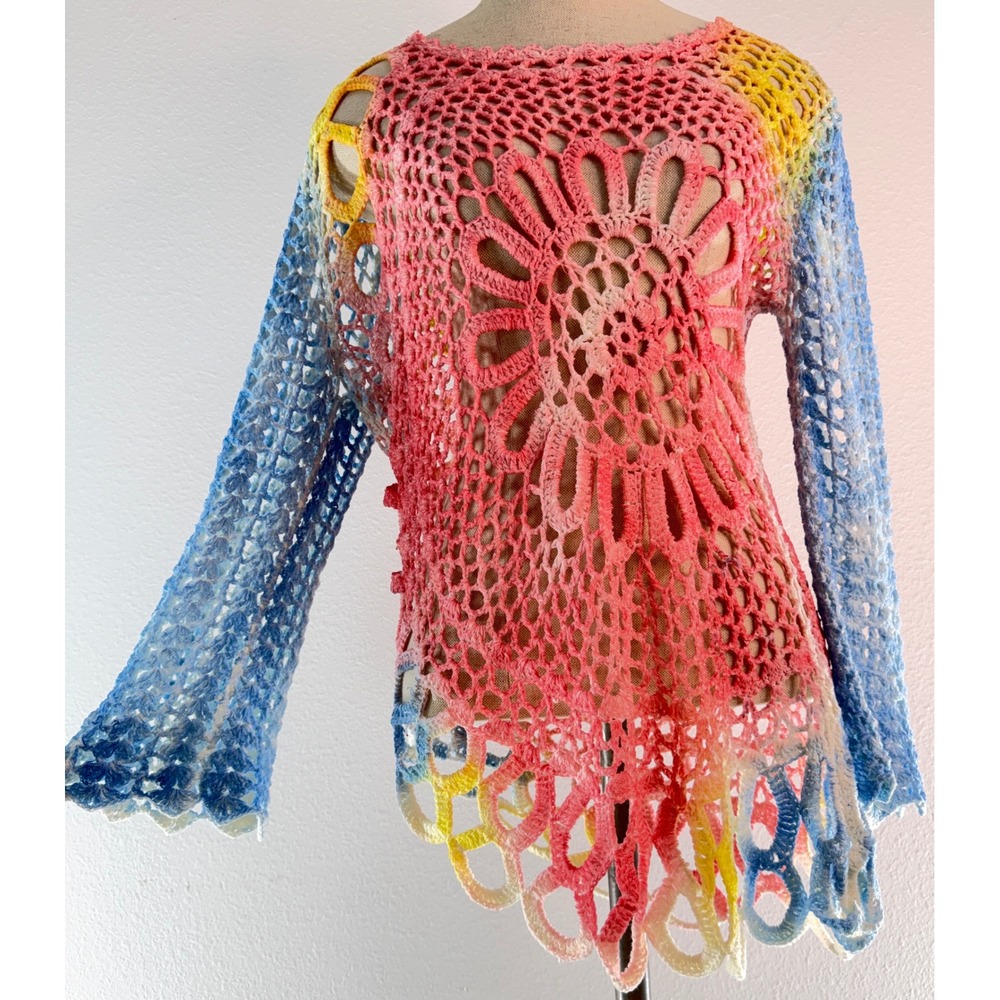 Boston Proper Rainbow Crochet Lace Knit Asymmetric Tunic Top Boho Y2K Festival M